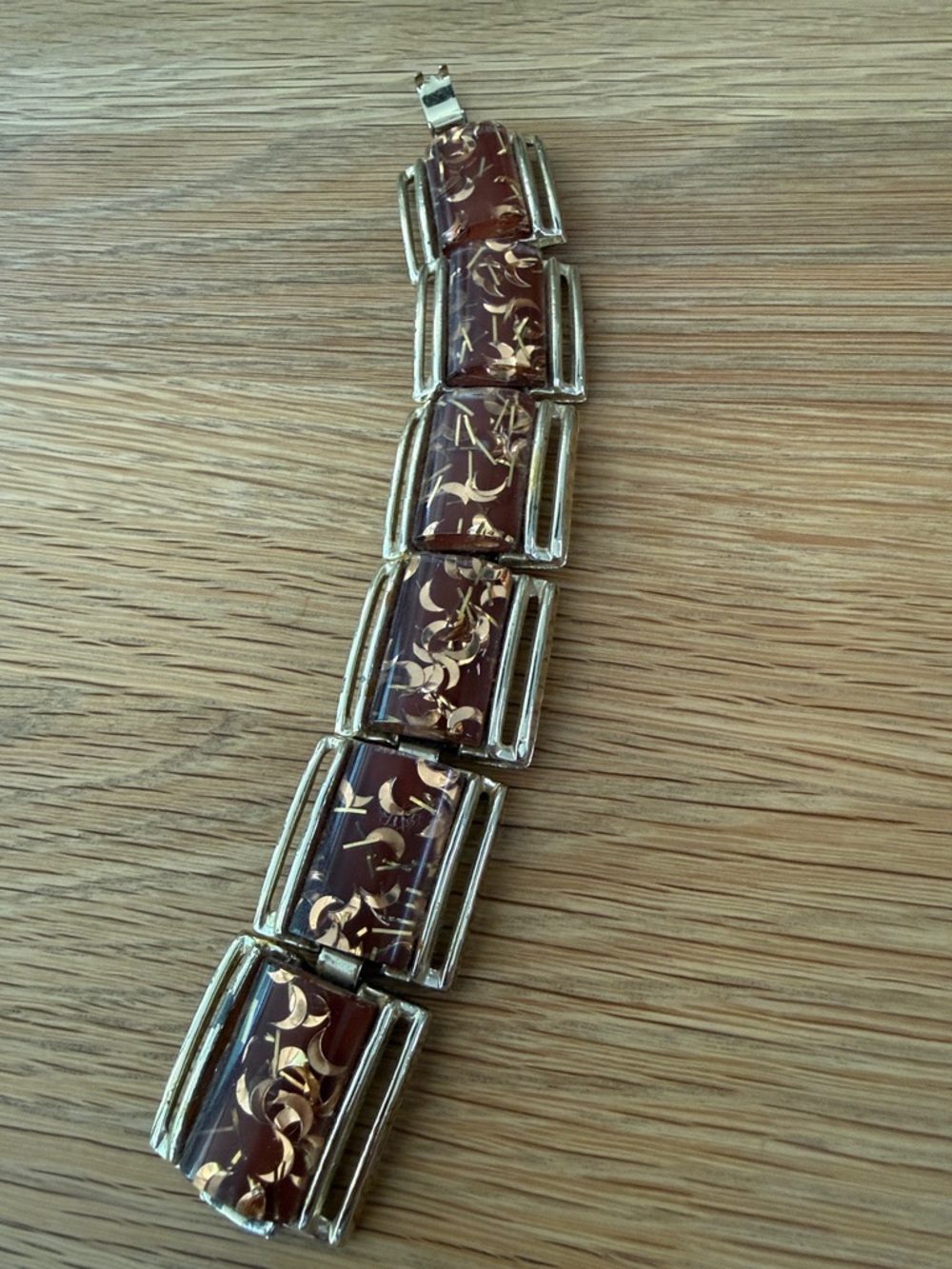 Lucite Confetti VTG Panel Bracelet Gold-Tone w/ Clear Russet Brown & Gold Links